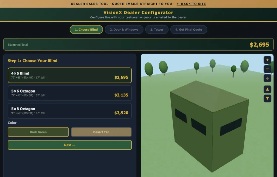 VisionX 3D dealer configurator — choose blind, color, windows and tower with live pricing and a real-time 3D preview