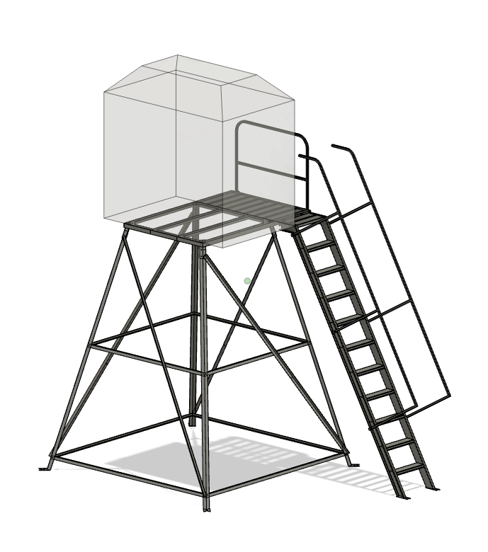 VisionX 10ft steel tower with porch, railing, and dual-rail steps